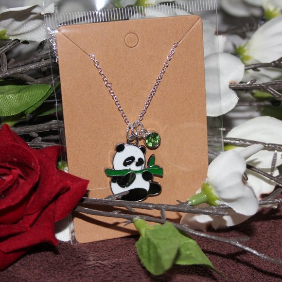 Hungry Panda with Colored Rhinestone Silver Dainty Necklace - Picture 2 of 6